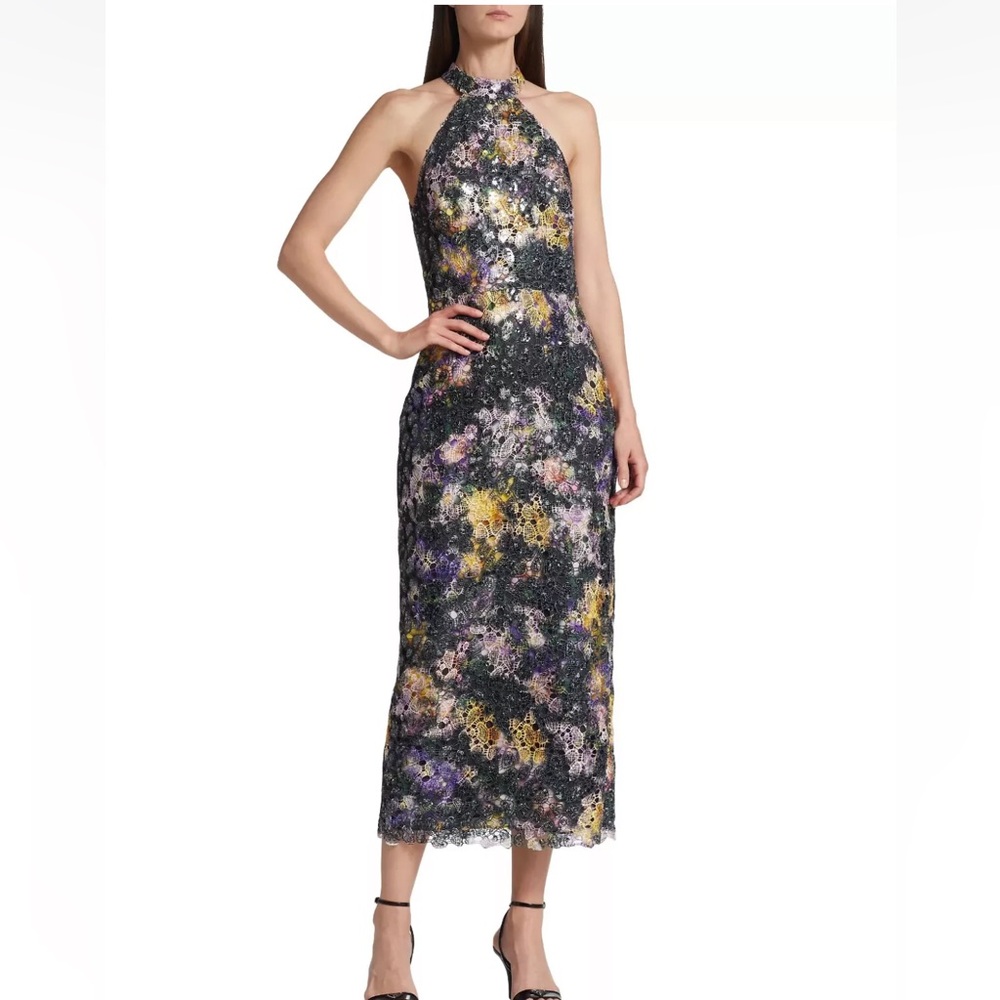ML Monique Lhuillier Leaha Floral Lace Midi Cocktail Dress Iris Blur Size 4 NWT